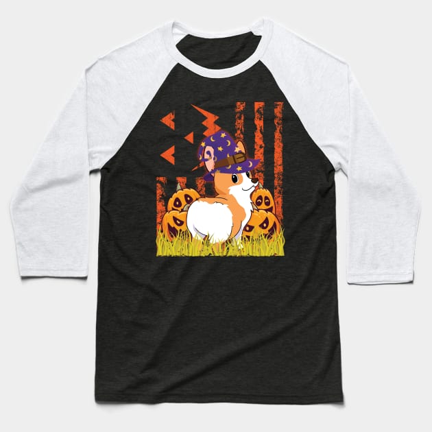 Corgi Dog Witch Dancing Around Pumpkins In front Of Halloween US Flag Dog Dad Mom Baseball T-Shirt by tieushop091